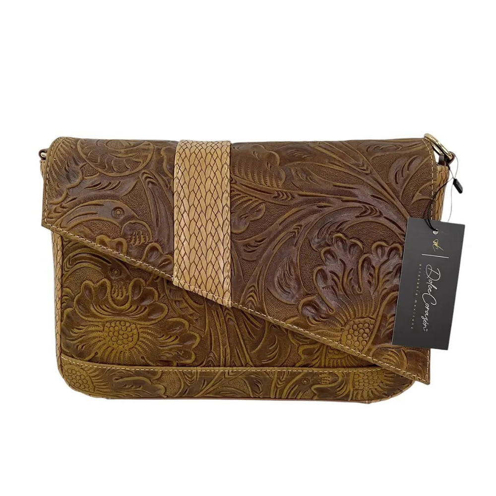 2 Straps Hazelnut Brown Embossed Tooled Artisan LEATHER Crossbody Purse Bolsa - Picture 5 of 16